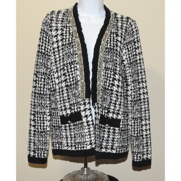 Cicos Women’s Cardigan Sweater Sz 0 Black White Houndstooth Open Front Tweed - Picture 2 of 12